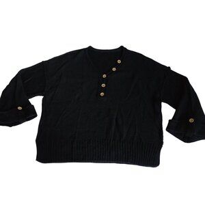 Black Henley Sweater Acrylic Oversized Knit Button Neck Pullover Women Size M